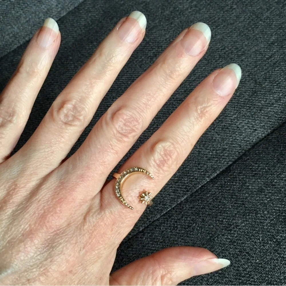 Gold + Rhinestone Moon + Star Cuff Fashion Ring, Size 8